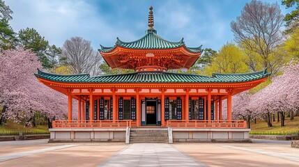 Obraz premium Traditional Japanese pagoda with cherry blossoms in spring.