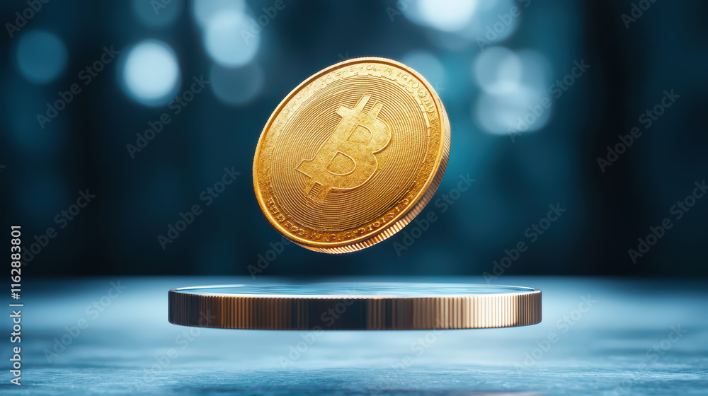 Poster close up of spinning crypto coin hovering above reflective surface, showcasing its intricate design 