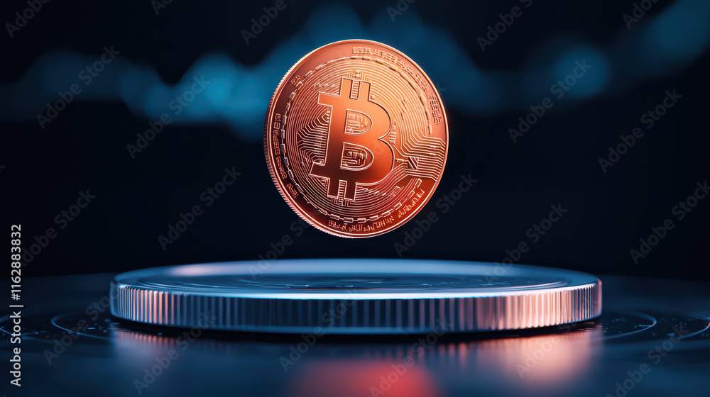Poster close up of spinning crypto coin hovering above circular platform, showcasing its intricate design a