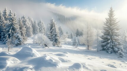 Fototapeta premium A snow-covered landscape with pine trees 
