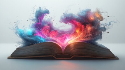 imaginary book that is open, with pages unfolding into a vivid, surreal scene that represents imagination.