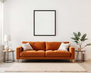 Cozy brown couch under stylish wall frame mockup in modern living room with big window with blinds