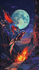 Obraz premium A vibrant bird soars above a fiery canyon under a large moon