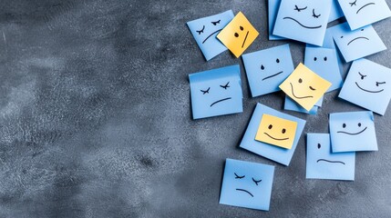 Obraz premium Sad face drawings on blue sticky notes against a black background, representing Blue Monday and mental health awareness.