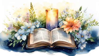 Open Bible surrounded by soft candlelight and blooming flowers. Serene, spiritual, peaceful atmosphere. Faith, reflection, inspiration.