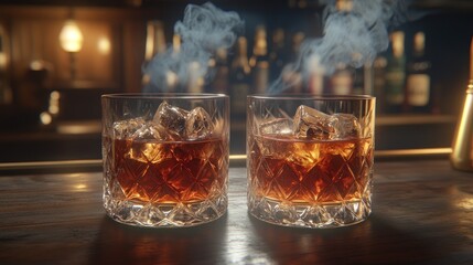 Two whiskey glasses filled with ice and amber liquid, steaming, on a bar top.
