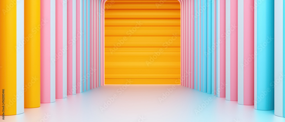 Poster bright and colorful virtual store entrance with vibrant columns and walls