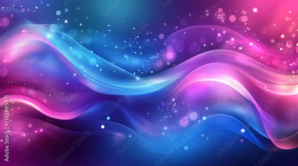 Poster abstract waves, digital background with blue and pink neon colors, smooth flowing shapes, glowing po