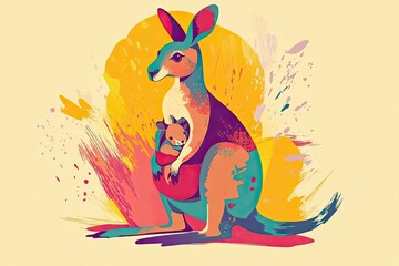 Mother Kangaroo Protecting Her Joey In Abstract Art