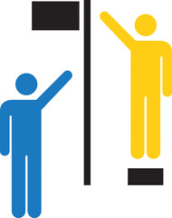 nstructional signage, reaching up, standing on platform, geometric shapes, simple line art, directional symbols, public information graphic