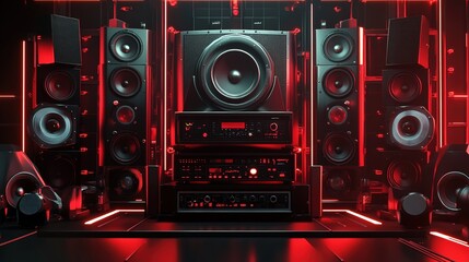 Fototapeta premium Red-lit home theater system with multiple speakers and audio components.