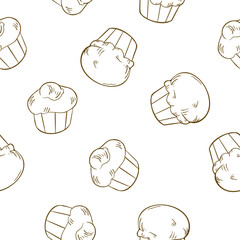 Brioche French buns black white vector seamless pattern isolated . Milk bread roll hand drawn monochrome linear. Butter sweet bun on repeated texture painted for wrapping paper, packaging, textile.