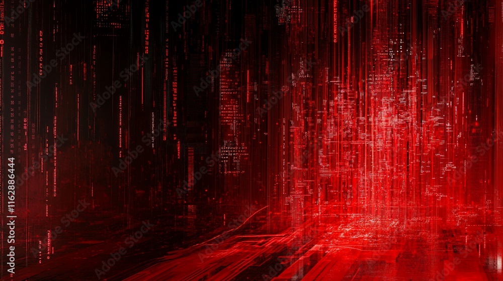 Poster abstract red digital data stream, futuristic technology background.