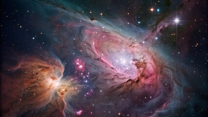 Obraz premium detailed and vibrant nebula, swirling cosmic dust clouds, glowing stellar nursery, intricate interstellar structures, vibrant colors, awe-inspiring cosmic scenery, intricately detailed sci-fi landscap