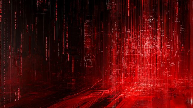 Abstract red digital data stream, futuristic technology background.