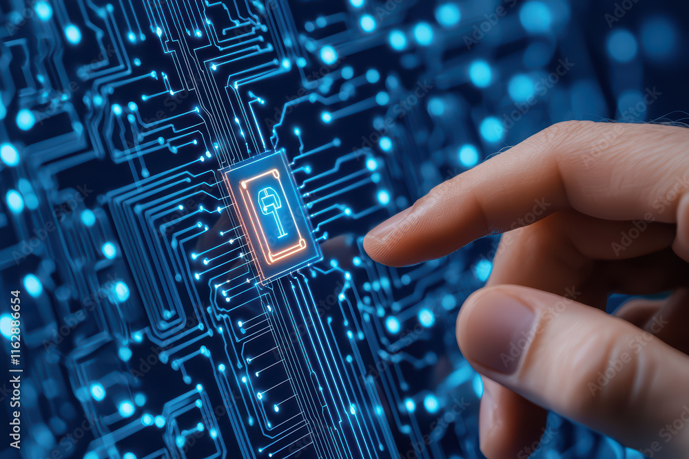 Poster close up of hand interacting with digital lock on circuit board, symbolizing cybersecurity and techn