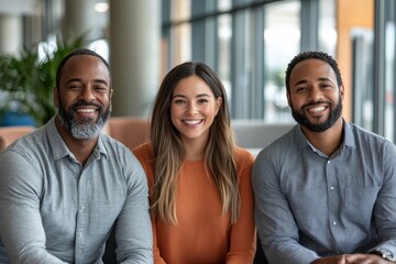 happy team of diverse corporate employees in the office lobby, Generative AI
