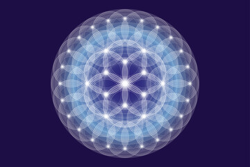 Seed Flower of life lotus icon, logo mandala sacred geometry, symbol of harmony and balance. Mystical talisman, white circles lines vector isolated on blue background