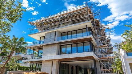 Modern concrete building under construction with scaffolding.
