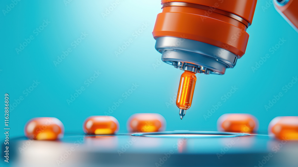 Poster robotic arm with orange nozzle is precisely placing capsules on surface, showcasing advanced automat
