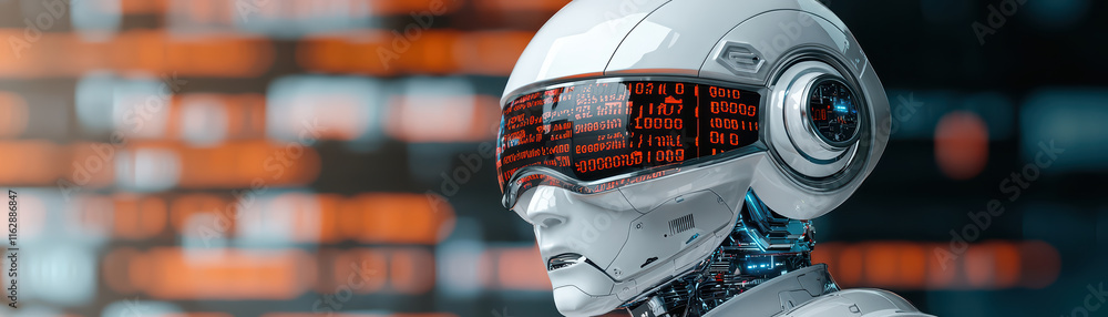 Poster humanoid robot with futuristic design displays digital data on its visor, symbolizing advanced techn