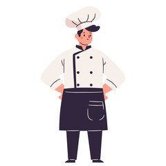 The cute male chef stands up straight. Flat vector illustration on white background . Vector illustration