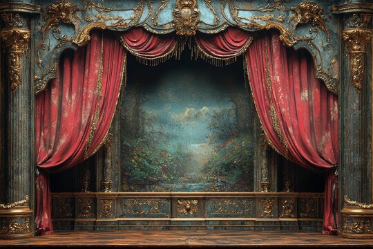 The stage of an ornate theater is dressed in crimson velvet curtains featuring golden tassels and illuminated by antique footlights that cast a warm glow, while the proscenium arch is embellished