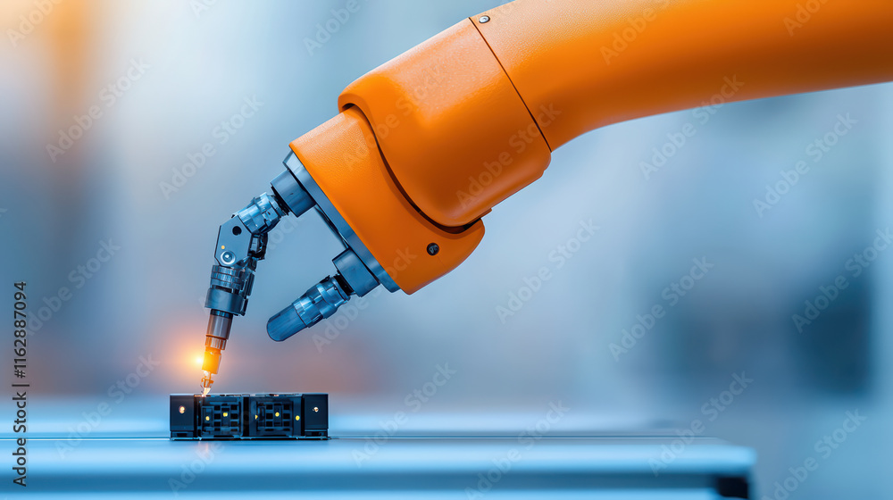 Poster close up of robotic arm assembling electronic components with precision and care. orange arm showcas