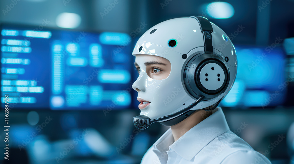 Poster close up of ai powered call center robot with sleek design, showcasing advanced technology and commu