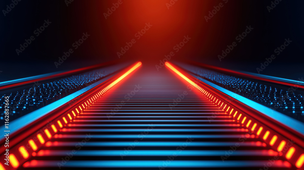Poster close up view of automated walkway featuring vibrant led lights, creating futuristic atmosphere