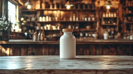 White bottle on rustic wooden counter in vintage shop.