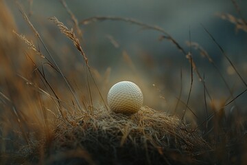 Golf ball resting in tall, dry grass at sunset.