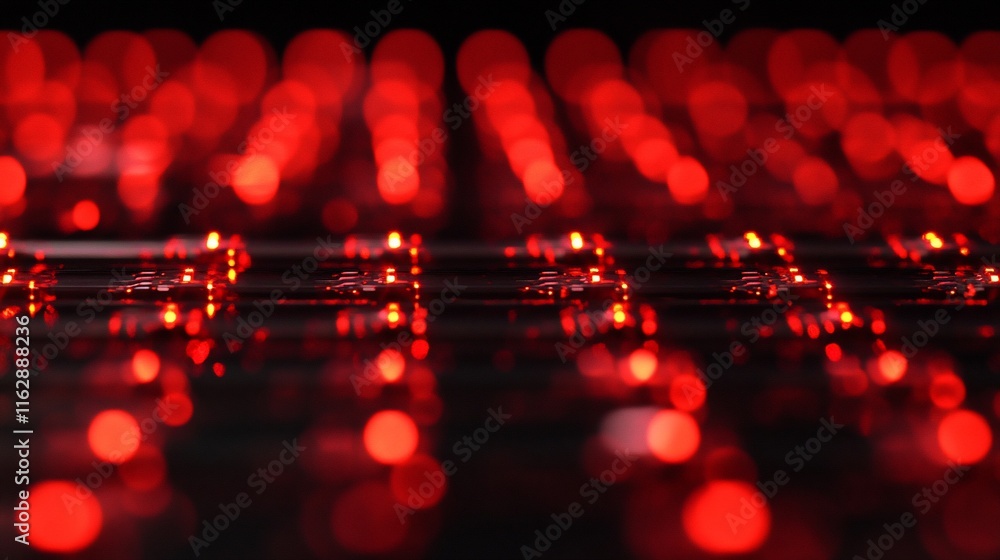 Poster abstract red bokeh lights reflecting on a dark surface.