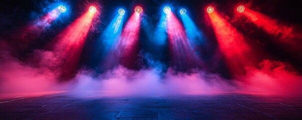 A dark studio bathed in red and blue lights, with fog or mist swirling, atop a rough concrete floor