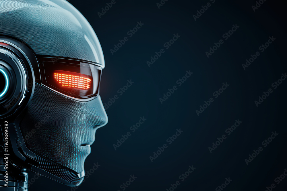 Poster futuristic robot head with glowing red eyes and sleek design, showcasing advanced technology and art