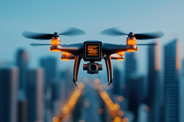 close up view of drone flying over cityscape, showcasing its camera and lights. urban background adds modern touch to scene