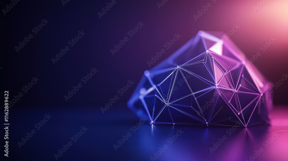 Poster close up of geometric graphics showcasing colorful, illuminated structure with triangular facets, cr