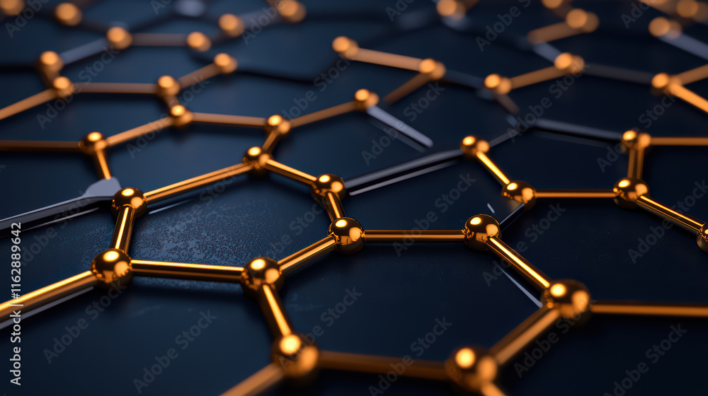 Poster close up view of geometric graphics showcasing interconnected metallic structures with orange nodes,