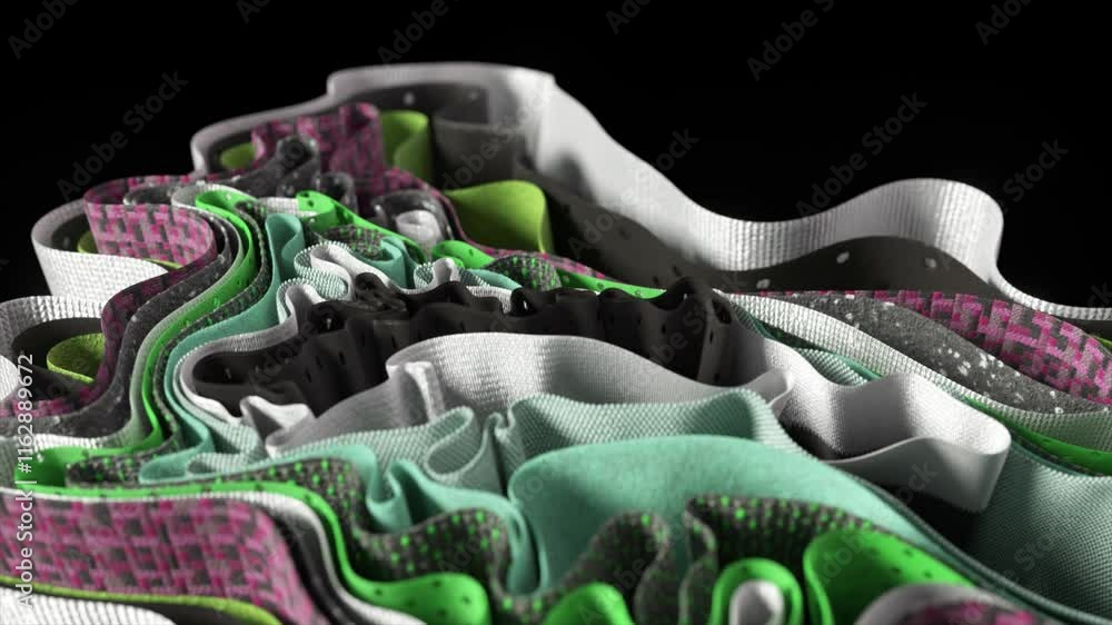 Aufkleber breathable layers of colorful, perforated fabrics creating a wavy pattern, highlighting modern texti