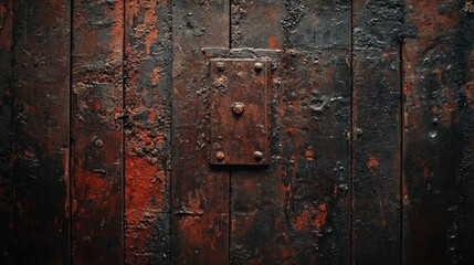 Rusty, weathered wooden planks with a metal plate.