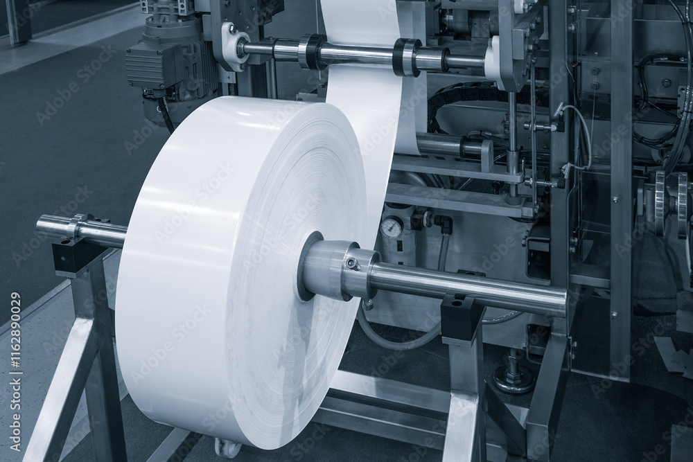 Poster fragment of the conveyor of sticking labeling machine. abstract industrial background.