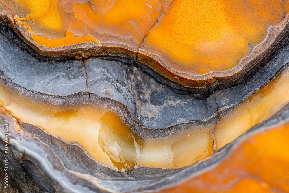 Poster close-up of layered gemstone with orange, yellow, and grey hues, showing intricate texture and patte