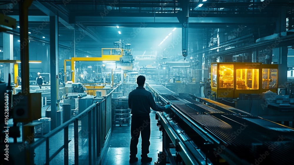 Poster factory worker observing automated production line.