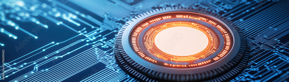 Poster close up view of futuristic circuit board with glowing elements, showcasing advanced technology and 