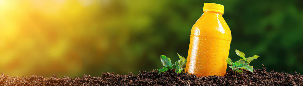 yellow plastic bottle in soil with green plants symbolizes recycling