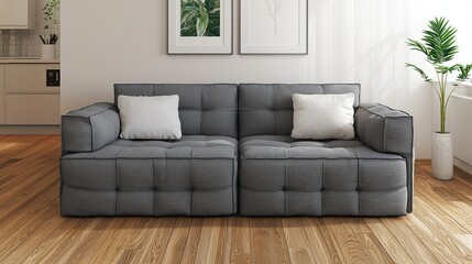 Modern gray sofa with cushions in a bright, minimalistic room.