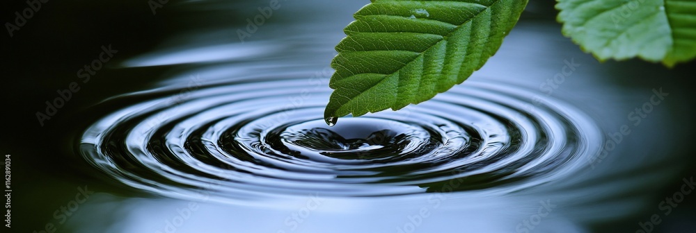 Poster green leaf dropping into calm water, creating concentric ripples.