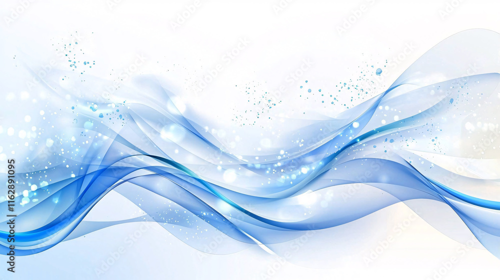 Poster a serene abstract design featuring flowing blue waves with sparkling accents, creating a tranquil an