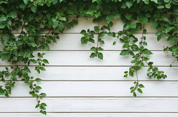 Lush green ivy vines climbing a white wooden wall.