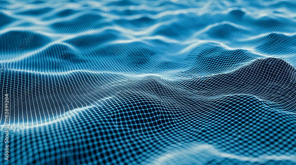 Poster a digital depiction of flowing waves rendered in a blue mesh, showcasing depth and texture in a styl